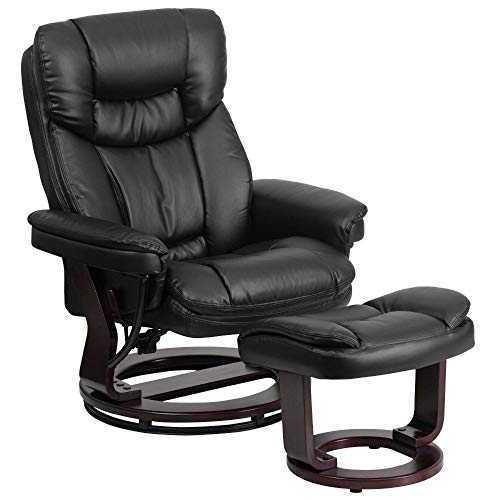 Flash Furniture Fauteuil inclinable contemporain à positions multiples et pouf incurvé avec base pivotante en acajou en cuir noir