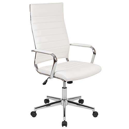 Flash Furniture Chaise de bureau pivotante contemporaine côtelée en cuir blanc à dossier haut