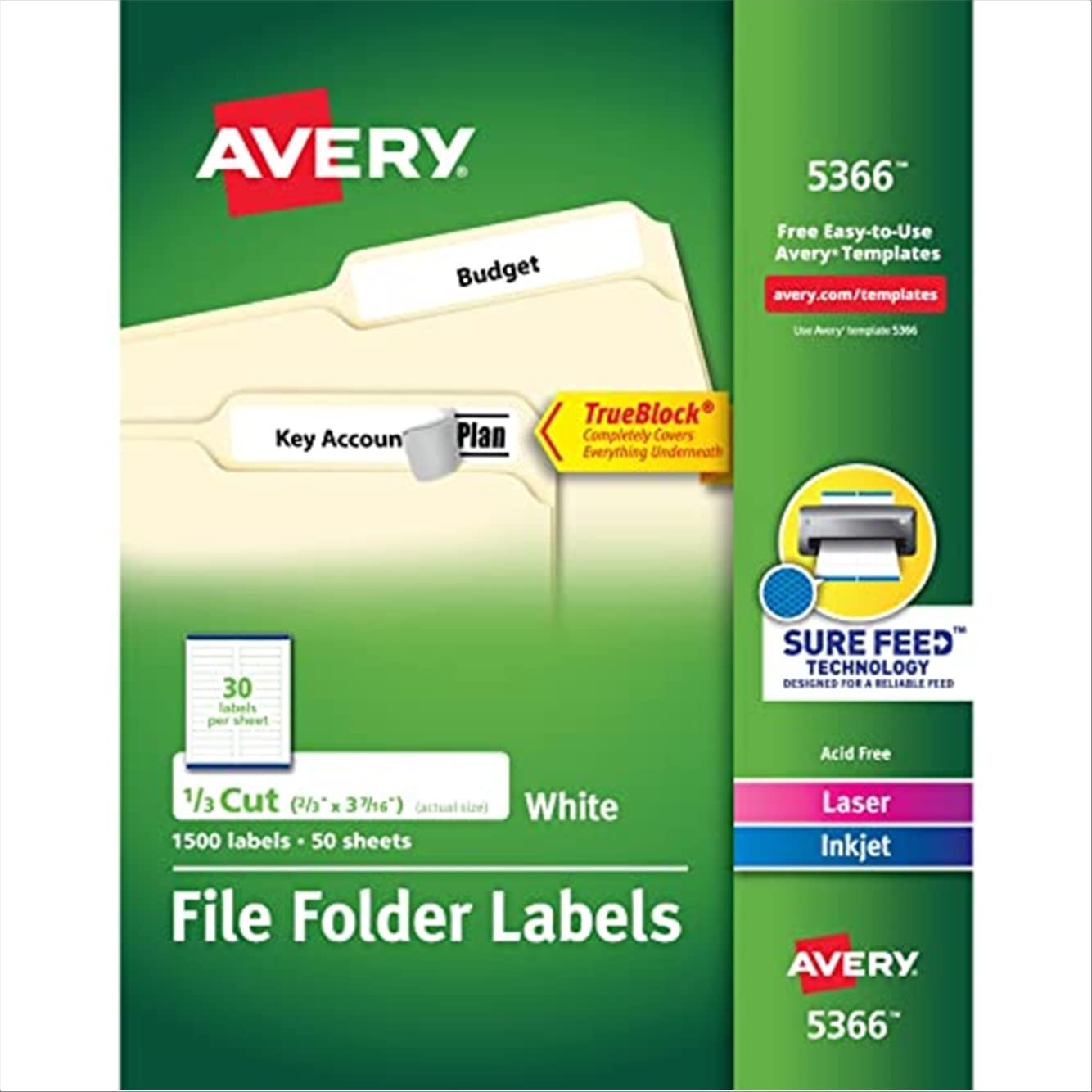 Avery Étiquettes de dossier pour imprimantes laser et à jet d'encre avec technologie TrueBlock