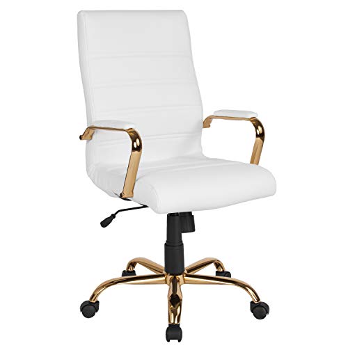 Flash Furniture Chaise de bureau à dossier haut - Chaise de bureau pivotante en cuir blanc avec cadre doré - Fauteuil pivotant