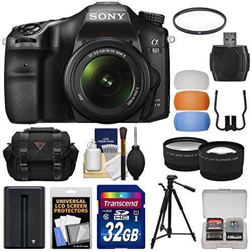 Sony Appareil photo reflex numérique Alpha A68 et objectif 18-55 mm avec carte 32 Go + batterie + étui + trépied + filtre + kit télé/objectif large