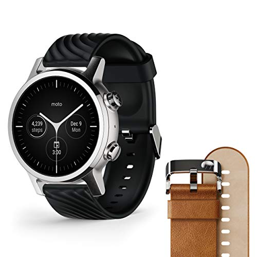 Motorola Moto 360 3e génération 2020 - Wear OS by Google - La montre intelligente de luxe en acier inoxydable avec cuir véritable inclus et bracelets de sport à fort impact - Gris acier