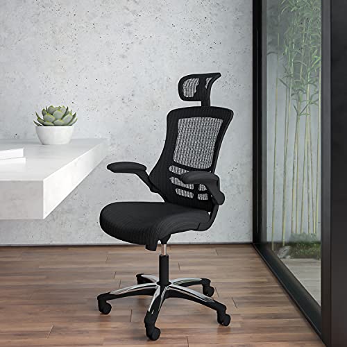 Flash Furniture Chaise de bureau ergonomique pivotante en maille noire à dossier haut avec accoudoirs rabattables et appuie-tête réglable