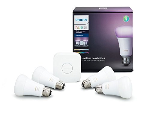  Philips Hue Blanc et couleur Ambiance A19 Kit de démarrage d'ampoule intelligente LED équivalente à 60 W (4 ampoules A19 et 1 concentrateur compatibles avec Amazon Alexa Apple HomeKit et Google Assistant)...