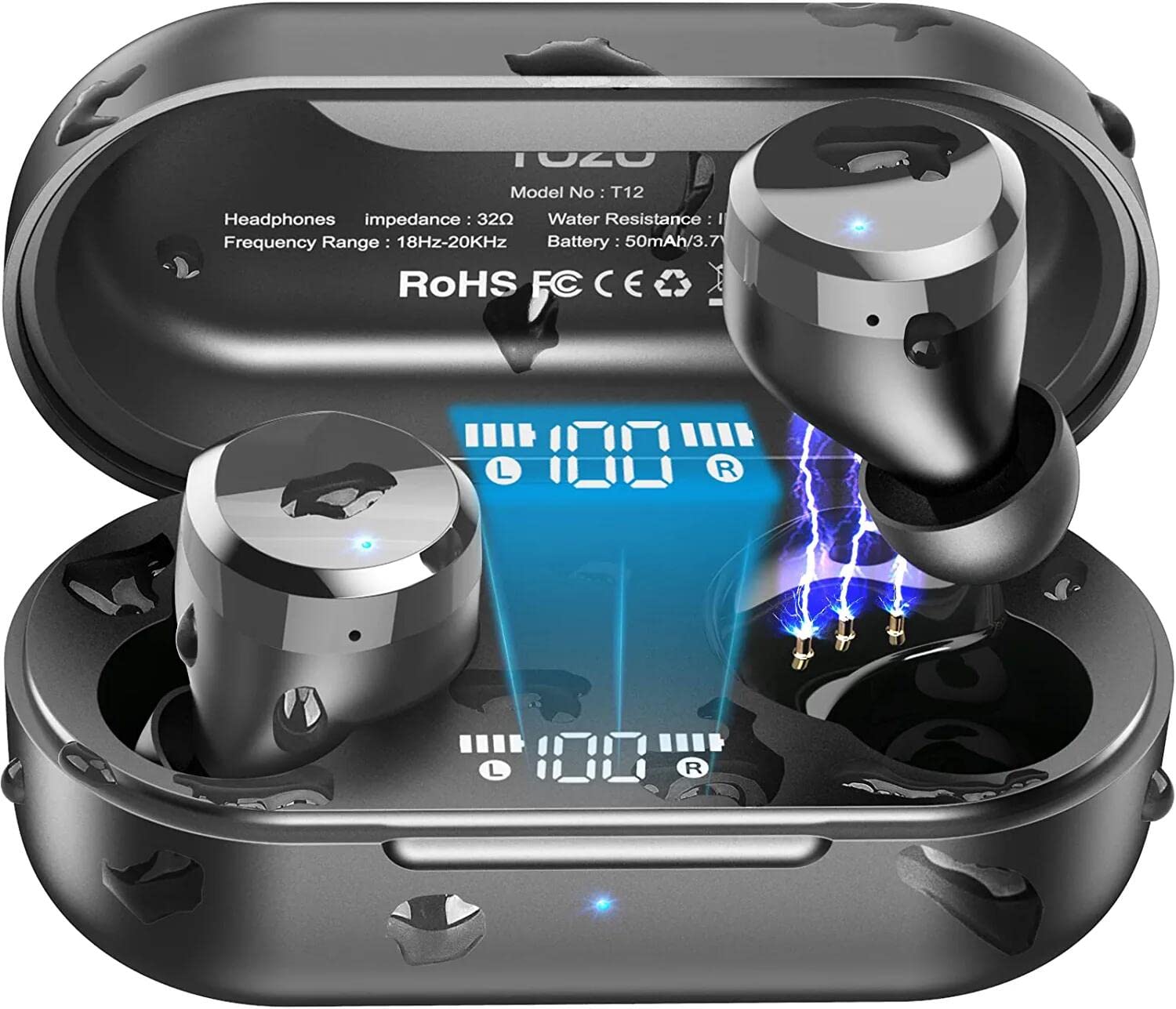 TOZO T12 2022 Écouteurs sans fil Bluetooth 5.3 Écouteurs Performances sonores de qualité supérieure Contrôle tactile LED Affichage numérique Étui de charge sans fil Écouteurs Noir foncé
